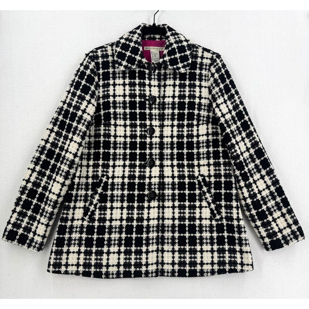 Requirements Plaid Tweed Coat Women’s 6 Black Ivory Boucle Mod Statement Preppy